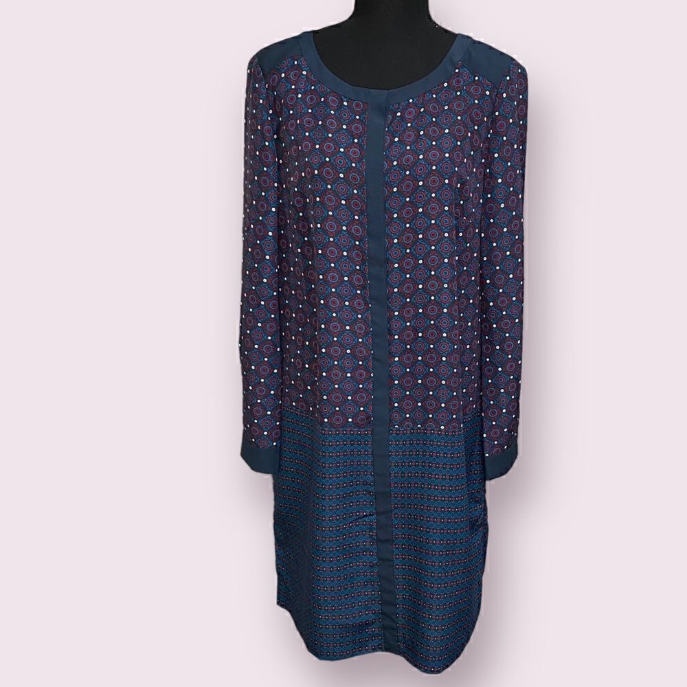Ann Taylor Long Sleeve Shirt Dress Print Navy